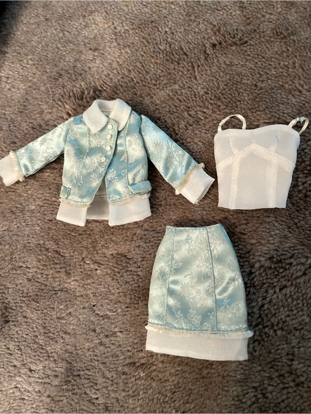 Barbie Light Blue Brocade Jacket, Skirt & White Bustier Set